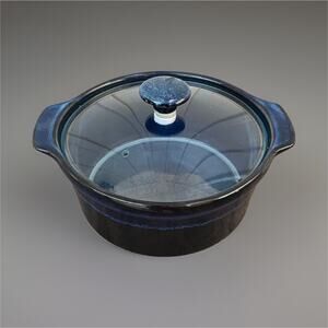 Basque 10 in Round Blue Ceramic Casserole Dish w/ Lid & Handle Glossy
